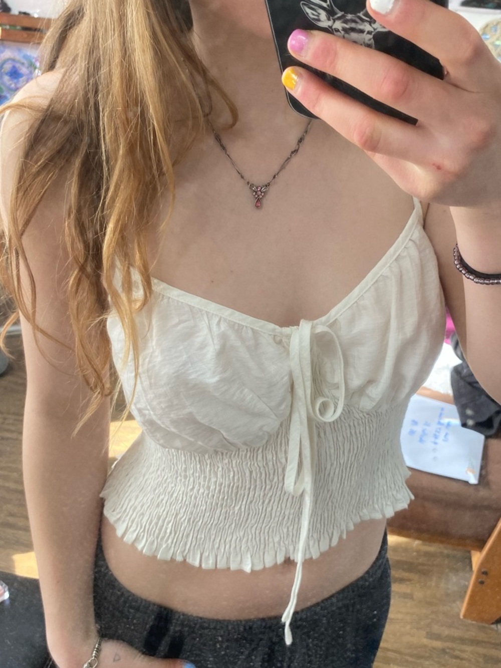 Women’s Cream Smocked Tie-Front Cami Top